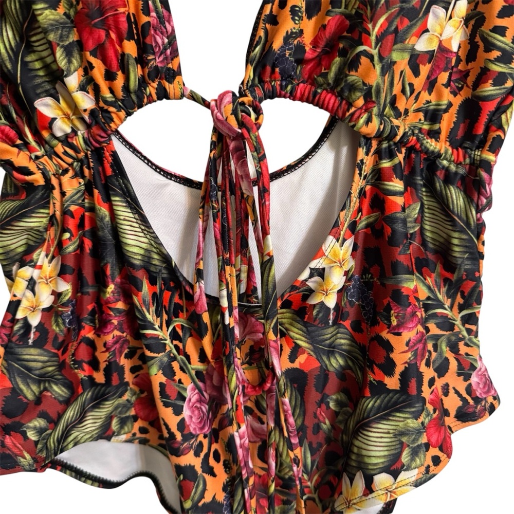 Leopard Jungle Floral Cut Out One piece Swim Suite 1X - Picture 4 of 5